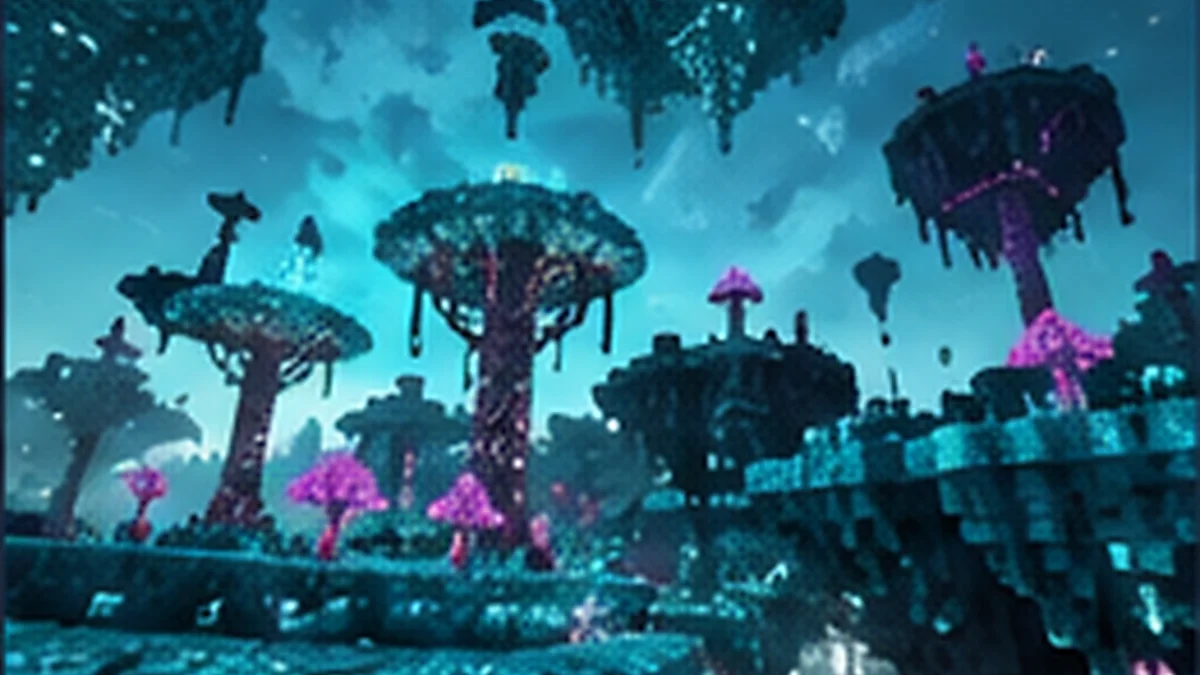 Teal and purple floating biome landscape artwork for the Better End biomes guide